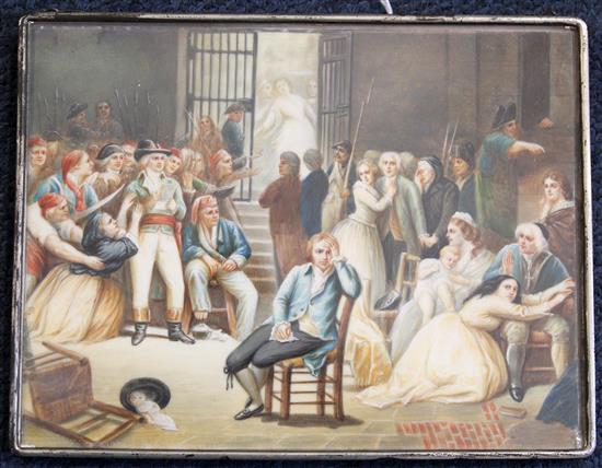 French School Miniature of a revolutionaries and prisoners, 4.25 x 5.5in.